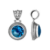 Handmade sterling silver Balinese pendant with round Blue Topaz Quartz and decorative bail.